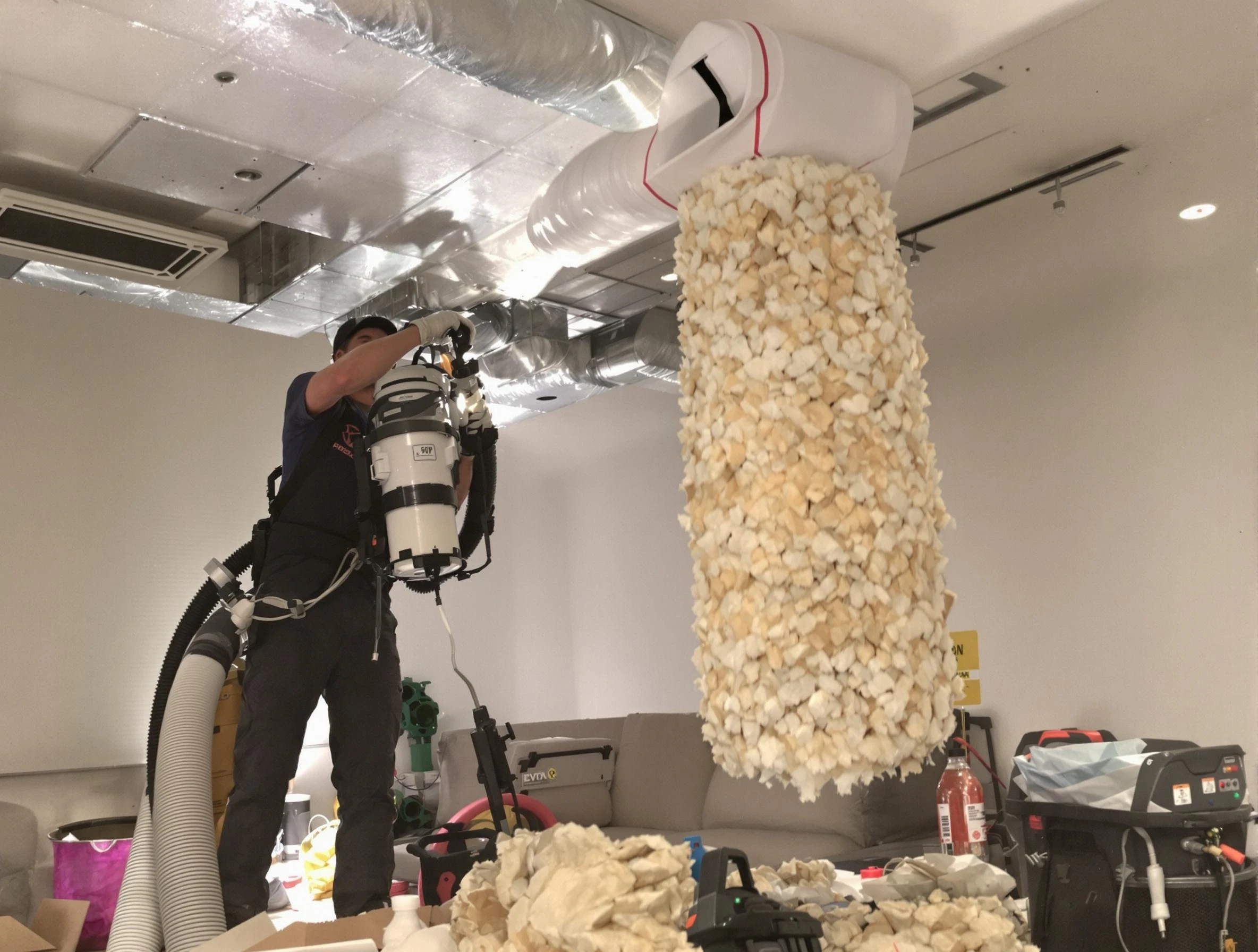 Clarksville Air Duct Cleaning technician performing precision vacuum insulation removal in a residential property in Clarksville